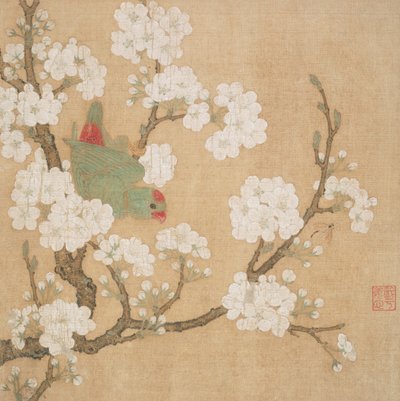 Perroquet et insecte parmi les fleurs de poirier - Huang Jucai